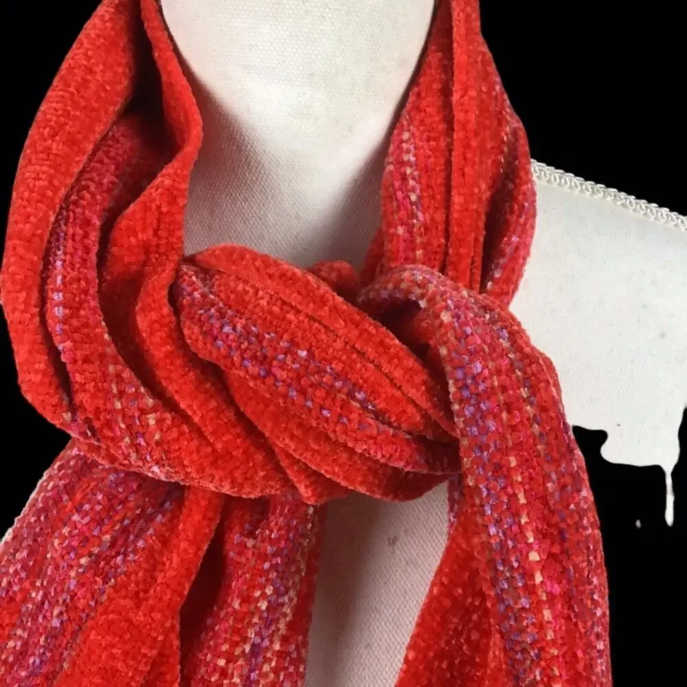 Collection 18 Pink Red Chenille Stripe Muffler Scarf Fringe NWT